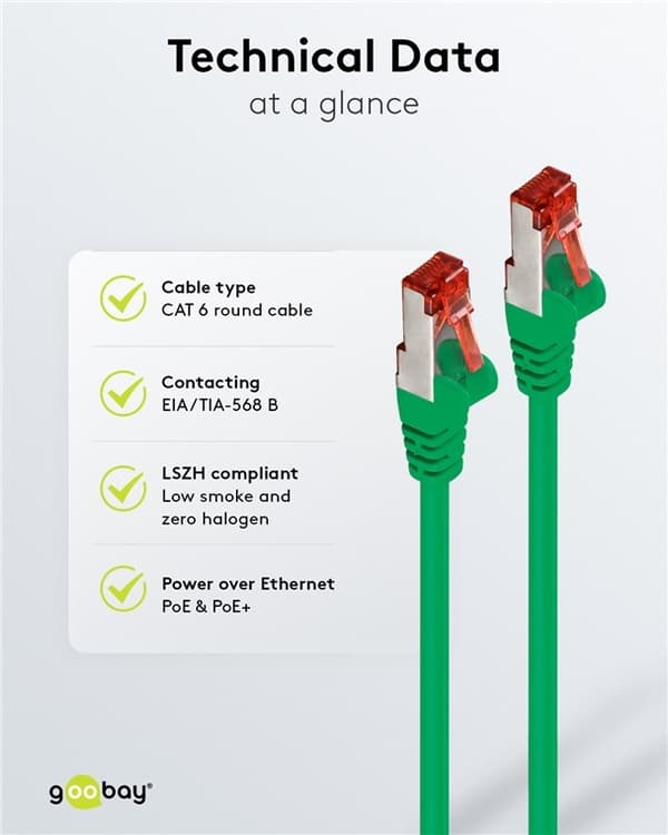 Goobay Patchkabel CAT 6, S/FTP (PiMF), grön, 0,15 m kopparledare (CU), halogenfri kabelhölje (LSZH)
