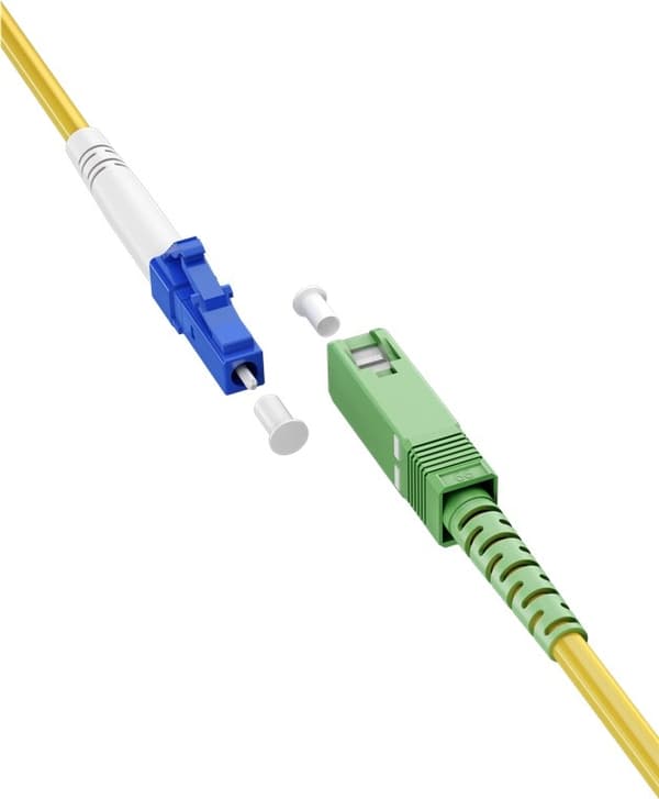 Goobay Lyslederkabel (FTTH), Singlemode (OS2) Yellow, gul (Simplex), 1 m fiberoptisk kabel, stik SC-APC (8°) > LC stik (UPC), halogenfri kabelkappe (L