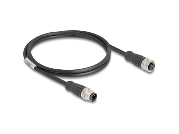 Delock - Nettverksforlengelseskabel - 8-pins M12 (hann) til 8-pins M12 (hunn) - 1 m - 6 mm - S/FTP - CAT 5e - A-kodet - svart