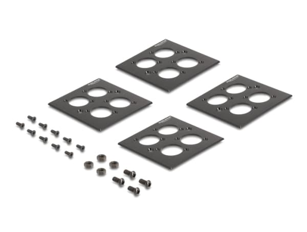 Delock D-type 19" patch-paneeli, jossa 4 D-type-levyä 86 x 86 mm ja 4 porttia 2 U musta