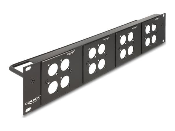 Delock D-type 19" patch-paneeli, jossa 4 D-type-levyä 86 x 86 mm ja 4 porttia 2 U musta musta