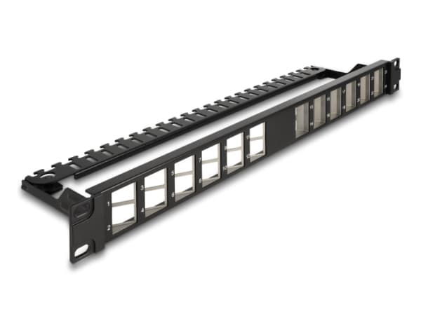 Delock - Pluggbord (blankt) - angled, with strain relief - rackmonterbar - svart - 1U - 19" - 24 porter Sort