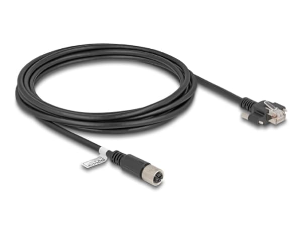 Delock M12-kaapeli X-koodattu 8-nastainen naaras RJ45-uros ruuvilla Cat.6A S/FTP 3 m musta