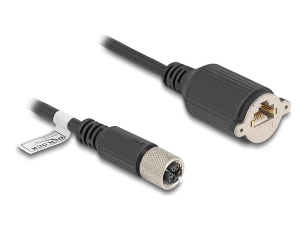 Delock M12 kaapeli X-koodattu 8-nastainen naaras RJ45 naaras asennukseen Cat.6A S/FTP 1 m musta