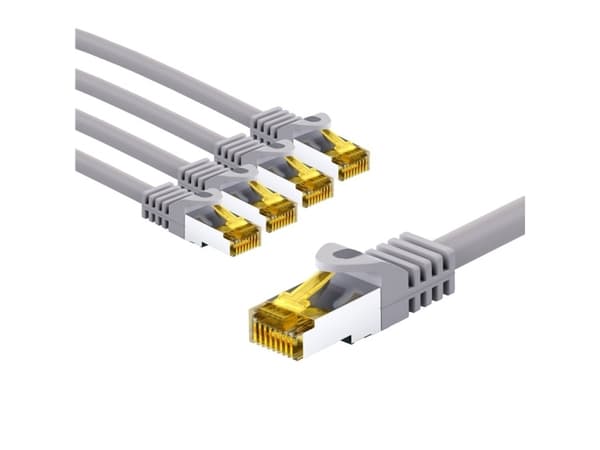 RJ45-verkkokaapeli S/FTP (PiMF), 500 MHz, CAT 7 -raakakaapelilla, 5 m, harmaa, 5 kpl:n sarja.