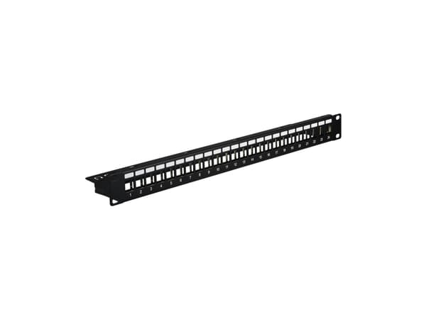 Fordelingspanel 48,30 cm (19") 1U, 24-ports, sort RAL9005 For å holde moduler i Keystone-formatInkl. kabelhåndtering Merkefelt Strekkavlastning ved b