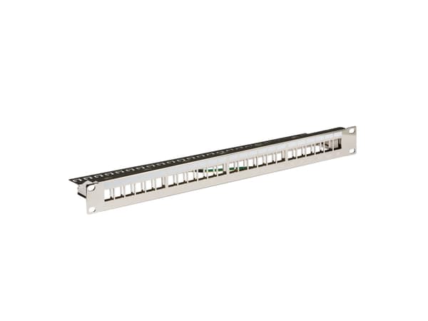 Jakelupaneeli 48,30cm (19") 1RU, 24-porttinen, metallinvärinen Keystone-muotoisten moduulien asentamiseenSisältää kaapelinhallinnanKylttipaneelitLiit