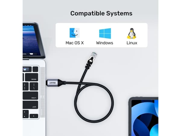 Unitek - Nettverkskabel - 24 pin USB-C (hann) til RJ-45 (hann) - 1 m - Thunderbolt 3 / Thunderbolt 4 - støtte for Gigabit Ethernet - romgrå