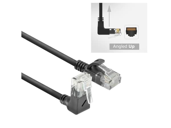 ACT Black 5 meters U/UTP CAT6A LSZH Slimline patch cable with RJ45 connectors 90? angled up to straight (DC4905)