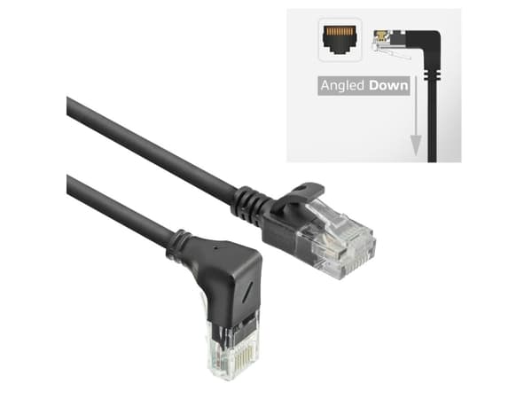 ACT Black 1.5 meters U/UTP CAT6A LSZH Slimline patch cable with RJ45 connectors 90? angled down to straight (DC3951)