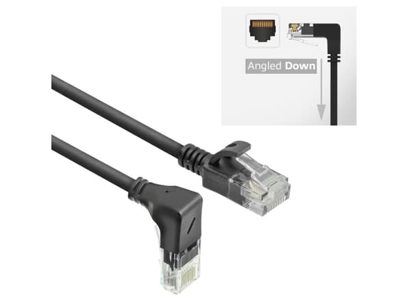 ACT Black 1 meter U/UTP CAT6A LSZH Slimline patch cable with RJ45 connectors 90? angled down to straight (DC3901)