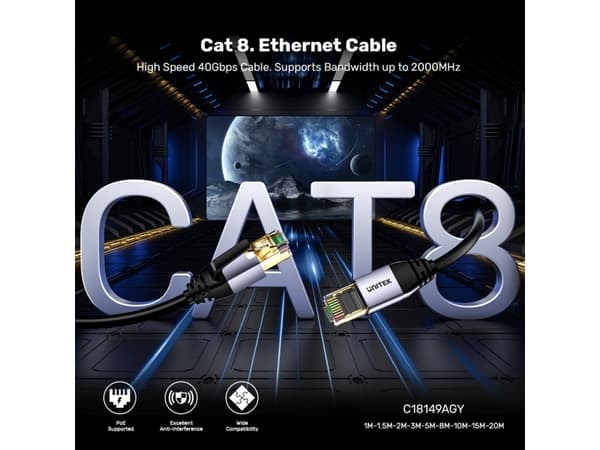 Unitek - Nettverkskabel - RJ-45 (hann) til RJ-45 (hann) - 3 m - 6.8 mm - S/FTP - CAT 8 - uten hindringer - svart
