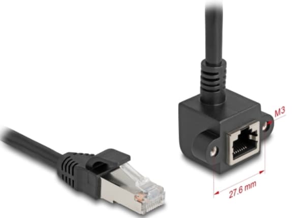 Delockin verkon jatkokaapeli RJ45 uros RJ45 naaras 90° kulmassa Cat.6 F/UTP 0,25 m musta