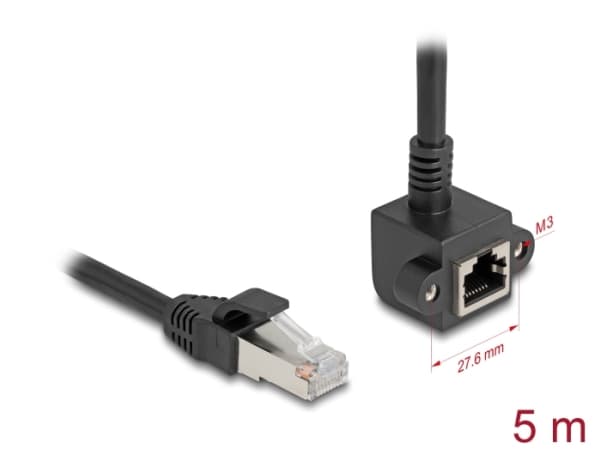 Delockin verkon jatkokaapeli RJ45 uros RJ45 naaras 90° kulmassa Cat.6 F/UTP 5 m musta
