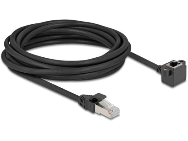 Delockin verkon jatkokaapeli RJ45 uros RJ45 naaras 90° kulmassa Cat.6 F/UTP 5 m musta