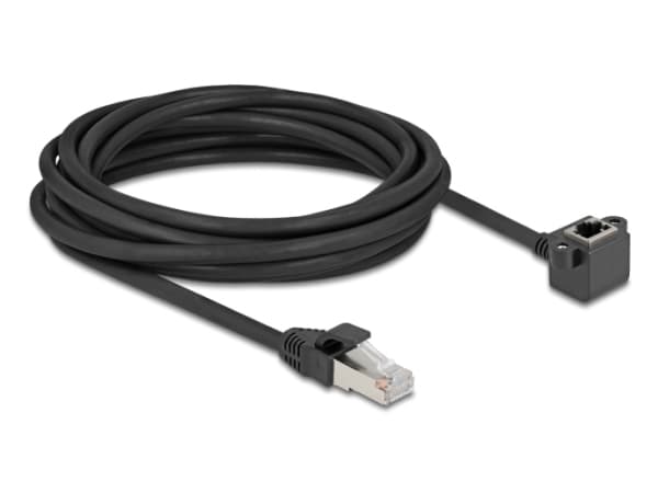 Delockin verkon jatkokaapeli RJ45 uros RJ45 naaras 90° kulmassa Cat.6 F/UTP 5 m musta