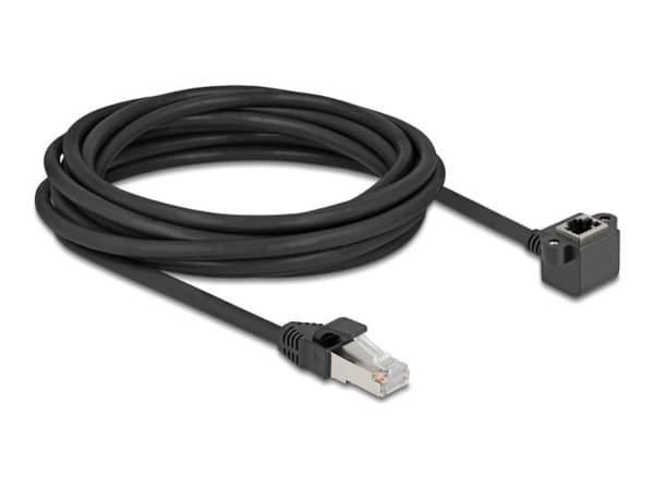 Delockin verkon jatkokaapeli RJ45 uros RJ45 naaras 90° kulmassa Cat.6 F/UTP 5 m musta