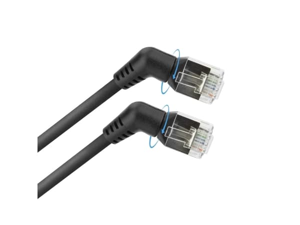 Black 1.5 meters U/FTP CAT6A Slimline patch cable with angled 360° rotatable RJ45 connectors