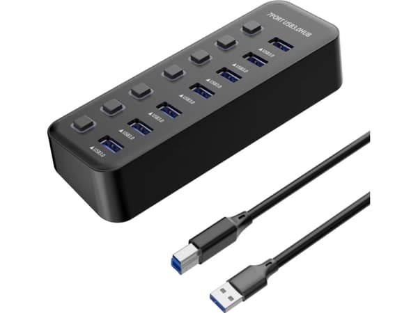 PremiumCord PREMIUMCORD Hub USB 3.2, 7-portar med portomkopplare, 5G SuperSpeed, Svart