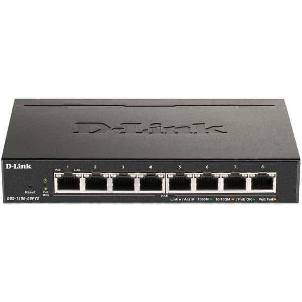 D-Link DGS-1100-08PV2 8-Port PoE Administrerbar Gigabitswitch Svart