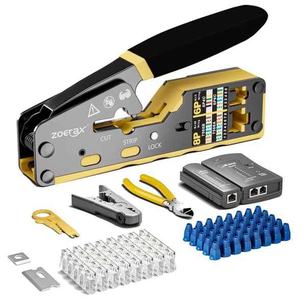 ZoeRax Crimp Værktøjssæt, 8 i 1 Multifunktion, Inkluderer Kabeltester,Cat6 Kit