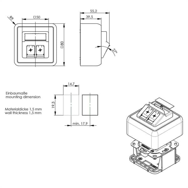 Telegärtner 100021382 Nätverksuttag Utanpåliggande Bare PCB Alpinvit