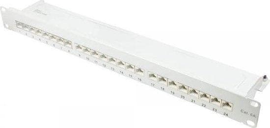 Patchpanel 48,30 cm (19") Kat. 6A, 24-porte, 1 U, STP-afskærmet, værktøjsfri åbning, lysegrå (RAL7035), Goo (GC-N0144) Grå