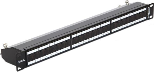 Premium CAT6a Gigabit 19'' Patch Panel 1U med 24 porte - skærmet / sort