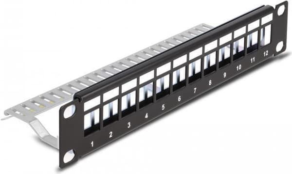 Delock - Patch panel (dummy plade) - med trækaflastning - stativ monteres - sort - 1U - 25,4 cm (10") - 12 porte (66874) Sort