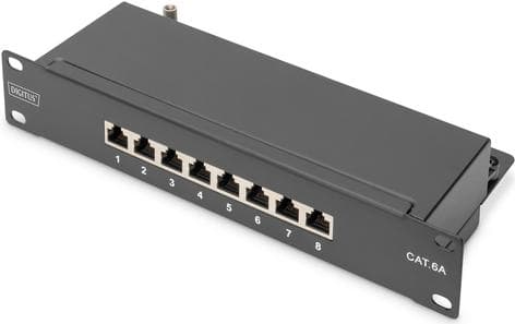 DIGITUS - Patch Panel - Rackmonterbar - CAT 6a - STP - RJ-45 X 8 - Sort, RAL 9005 - 1U - 25,4 cm (10") (DN-91608S-EA) Sort