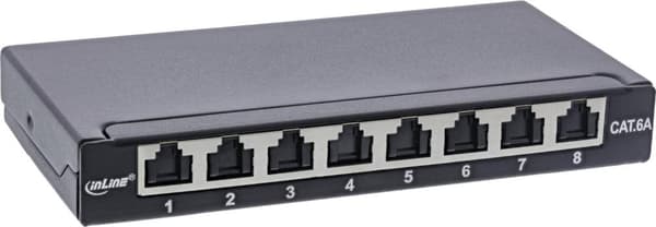 InLine® patch panel Cat.6A 0.5U 8-fold, til bord/væg/tophat skinne, med støvbeskyttelse, sort (76818B)