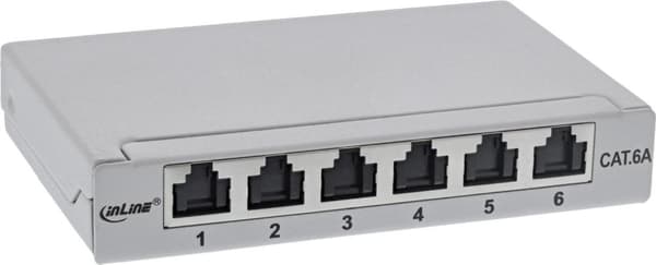 InLine® patchpanel Cat.6A 0,5U 6-fold, til bord/væg/tophat skinne, med støvbeskyttelse, grå (76816A) Grå