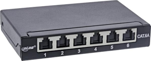 InLine® patch panel Cat.6A 0.5U 6-kertainen, pöytä/seinä/hattukiskoon, pölysuojalla, musta (76816B)
