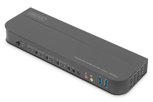 Przełącznik KVM, 4 portowy, 4K 60Hz, 4x DP IN, 1x DP OUT, 1x HDMI OUT, 2x USB A, 1x Audio IN&OUT Sort