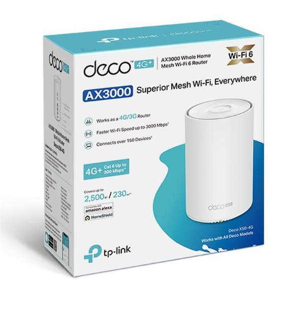 TP-LINK 4G+ AX3000 Whole Home Mesh Wi-Fi 6 Router Build-In 300Mbps 4G+ LTE Advanced Modem 574Mbps at 2.4GHz + 2402Mbps at 5GHz Hvid
