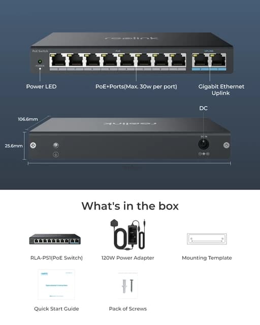 PoE-kytkin, 8 PoE-porttia, 2 Gigabitin ylösvientiporttia, EU-pistoke, PoE-kytkin