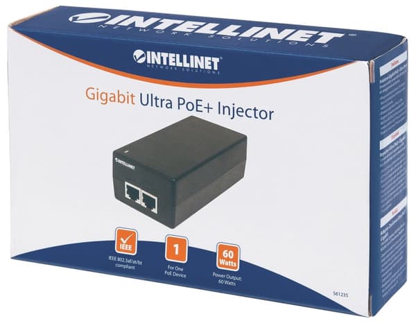 Intellinet Gigabit Ultra PoE+ injektor, 1 x 60 W port, IEEE 802.3bt och IEEE 802.3at/af kompatibel, plasthölje