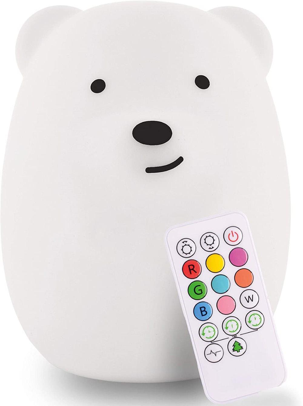 LumiPet barn krambar silikon LED nattlampa, fjärrstyrd, USB uppladdningsbart batteri, 9 tillgängliga färger, timer automatisk avstängning, björn