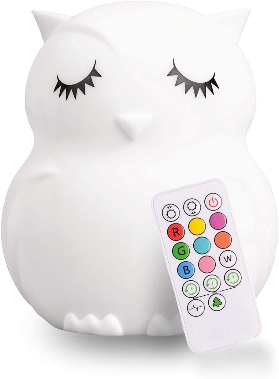 LumiPet barn krambar silikon LED nattlampa, fjärrstyrd, USB uppladdningsbart batteri, 9 tillgängliga färger, timer automatisk avstängning, Uggla