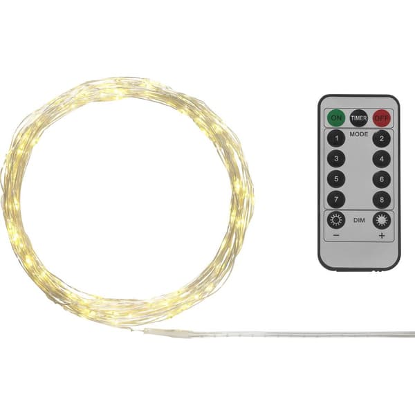 Sygonix SY-4722038 Miniljusslinga Ute/inomhus batteri Antal ljuskällor 50 LED Varmvit Belyst längd: 4.9 m variabelt jus