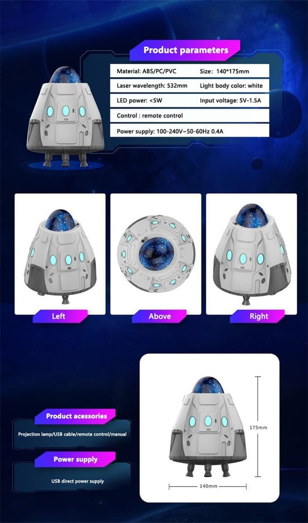 Stjärnprojektor Rymdskepp LED Nattlampa Stjärnlampa Lampa