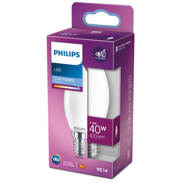 LED-lampe Philips Stearinlys Hvid F 40 W 4,3 W E14 470 lm 3,5 x 9,7 cm (6500 K)