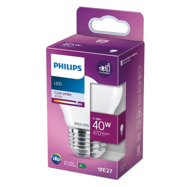 LED-lampe Philips Hvid F 40 W 4,3 W E27 470 lm 4,5 x 7,8 cm (4000 K)