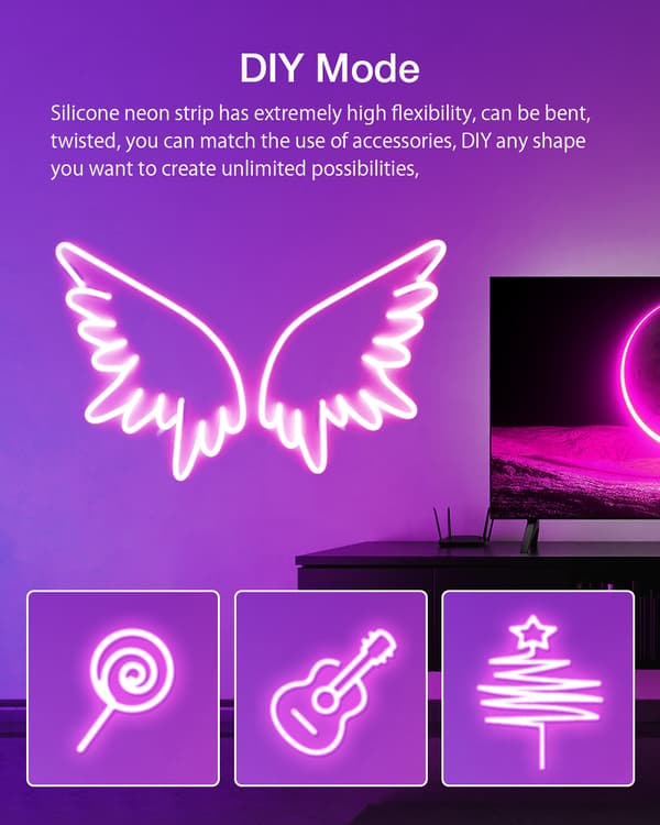 BW-NL1 Neon LED Strip 300CM RGBIC-ljus med Music Sync DIY-design APP & fjärrkontroll Arbeta med Alexa, Google Assistant, EU-kontakt