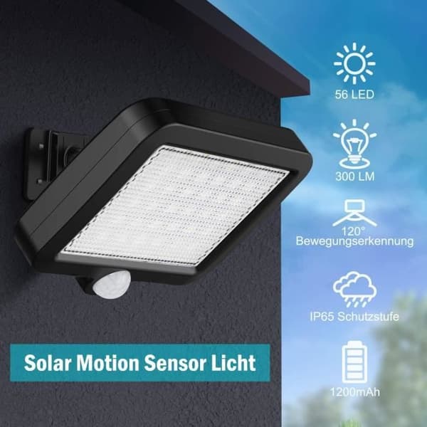 Utomhussolljus med 56 LED rörelsesensor, 120° vattentät solar trädgårdslampa med 5 m kabel [A++]