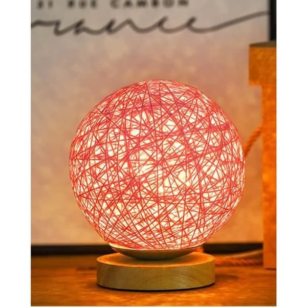 USB-justerbar nattlampa i rottingboll, LED-bordslampa sänglampa, söt nattlampa för barnkammare (rosa)