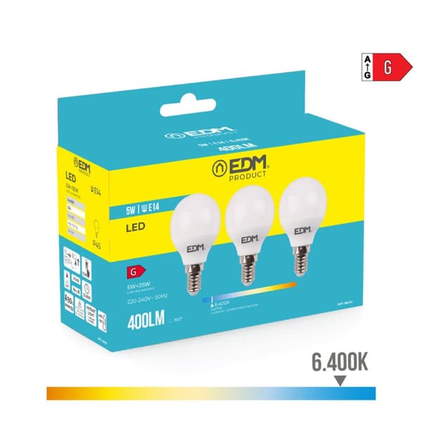 Förpackning med 3 LED-lampor EDM 98202 G 35 W 5 W 50 W E14 400 lm Ø 4,5 x 8 cm (6400 K)