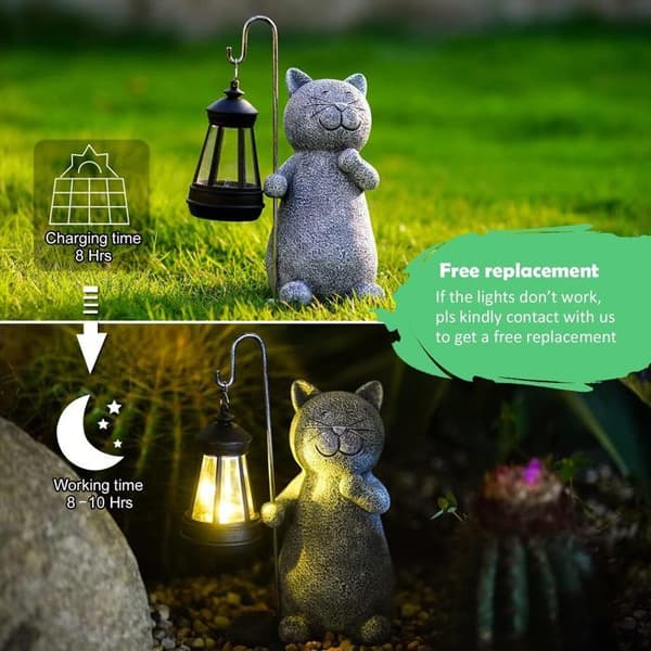 Kattdekoration Staty Utomhus Trädgård med Solar Lamp Figurine - Vardagsrum Kattunge Dekoration Present för Kvinna Man Mamma