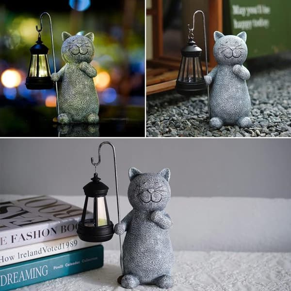Kattdekoration Staty Utomhus Trädgård med Solar Lamp Figurine - Vardagsrum Kattunge Dekoration Present för Kvinna Man Mamma