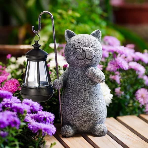 Kattdekoration Staty Utomhus Trädgård med Solar Lamp Figurine - Vardagsrum Kattunge Dekoration Present för Kvinna Man Mamma